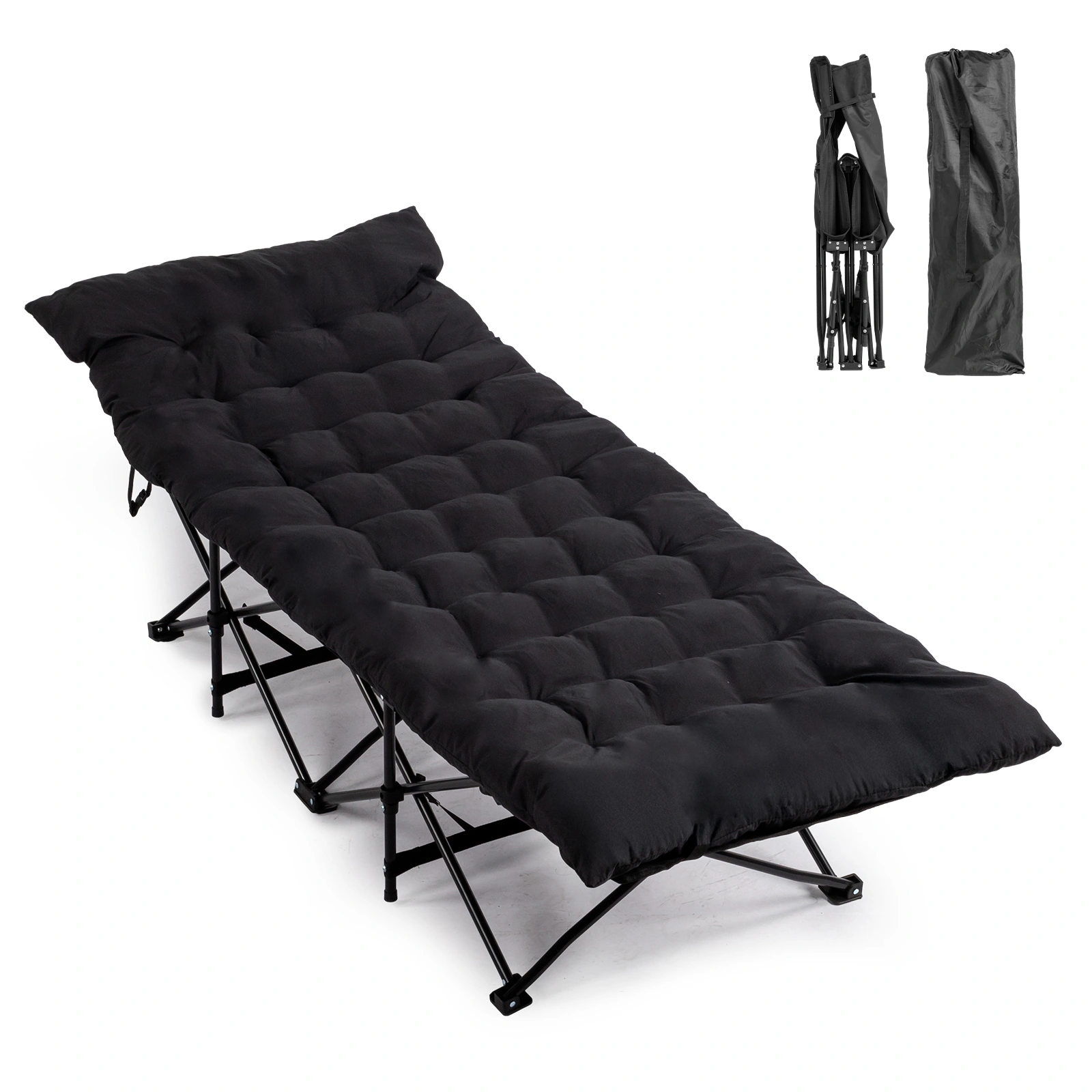 Folding Camping Cot Bed with Soft Pad, Portable Outdoor Cot, Adults Sleeping Bed for Home Office Nap Beach Travel, Black view 12