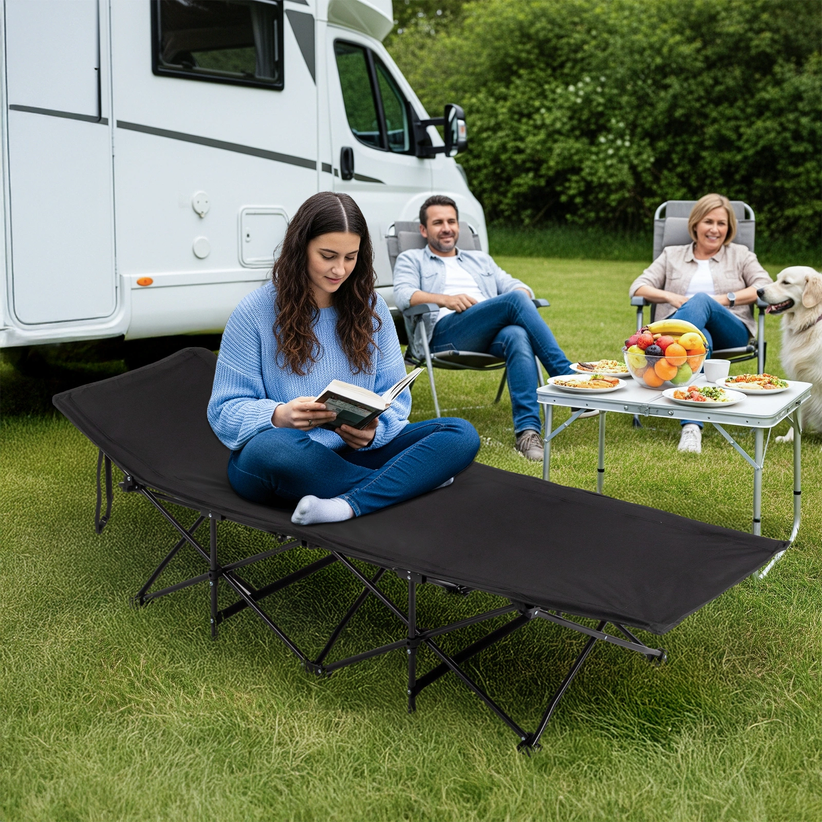 Folding Camping Cot Bed with Soft Pad, Portable Outdoor Cot, Adults Sleeping Bed for Home Office Nap Beach Travel, Black view 16