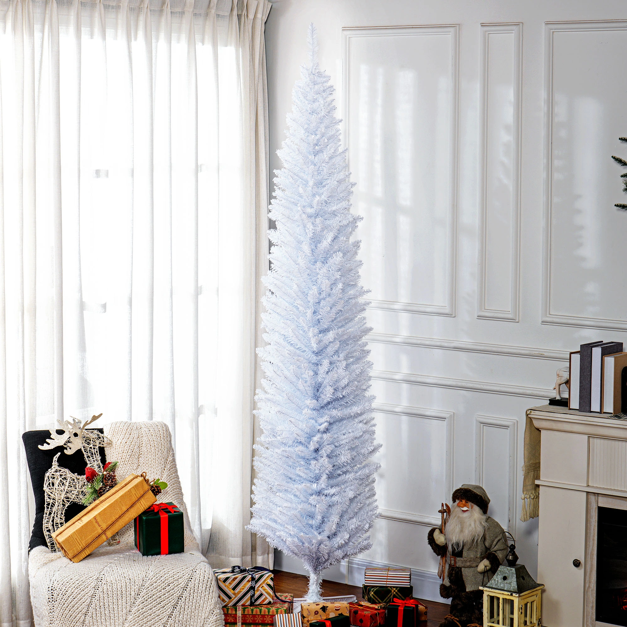 8' Artificial Pencil Christmas Tree, Slim Xmas Tree with 618 Realistic Branch Tips and Plastic Stand, White-Does not support self pick up