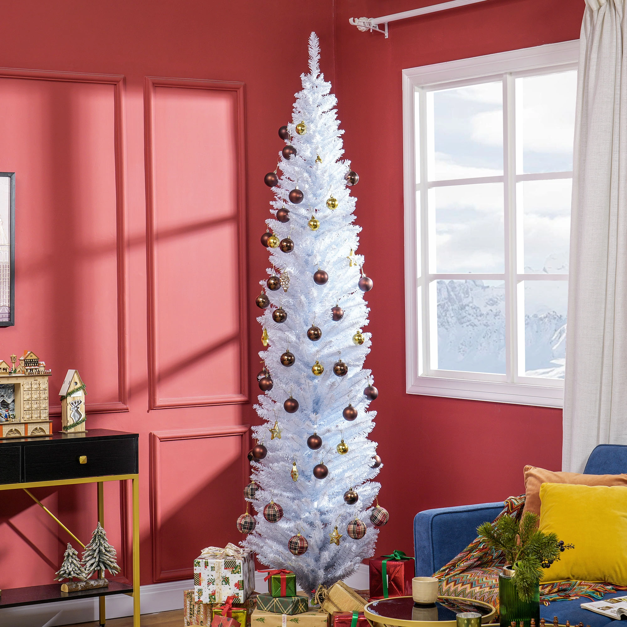 8' Artificial Pencil Christmas Tree, Slim Xmas Tree with 618 Realistic Branch Tips and Plastic Stand, White-Does not support self pick up view 3
