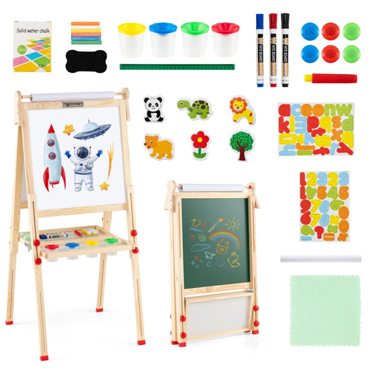 Natural Pine Wood 3-in-1 Kids Art Easel with Magnetic Whiteboard & Chalkboard, Adjustable Height Foldable Drawing Board for Ages 3-14