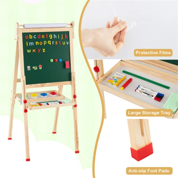 Natural Pine Wood 3-in-1 Kids Art Easel with Magnetic Whiteboard & Chalkboard, Adjustable Height Foldable Drawing Board for Ages 3-14 view 2