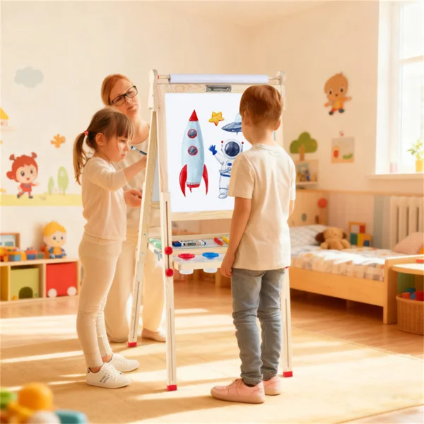 Natural Pine Wood 3-in-1 Kids Art Easel with Magnetic Whiteboard & Chalkboard, Adjustable Height Foldable Drawing Board for Ages 3-14 view 3
