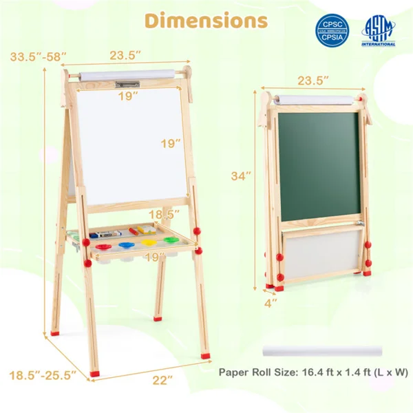 Natural Pine Wood 3-in-1 Kids Art Easel with Magnetic Whiteboard & Chalkboard, Adjustable Height Foldable Drawing Board for Ages 3-14 view 4