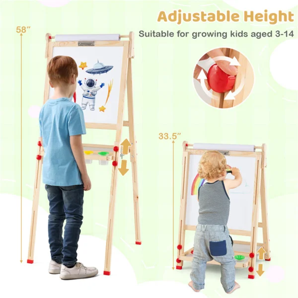 Natural Pine Wood 3-in-1 Kids Art Easel with Magnetic Whiteboard & Chalkboard, Adjustable Height Foldable Drawing Board for Ages 3-14 view 6