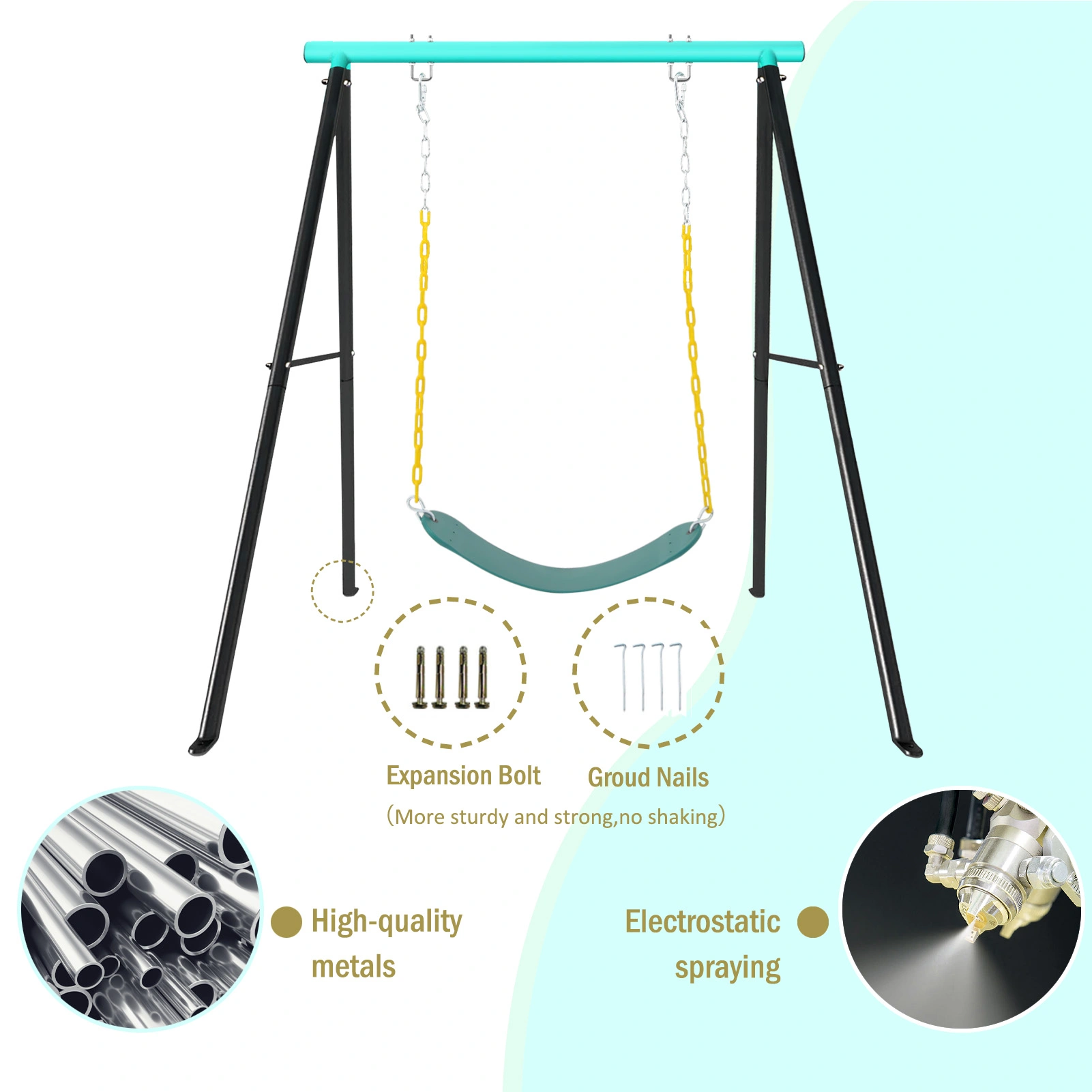 Children Outdoor Metal Garden Swing, Heavy Duty A-Frame Porch Swing Stand with Seat, Yoga Hammock Swing, Blue view 3