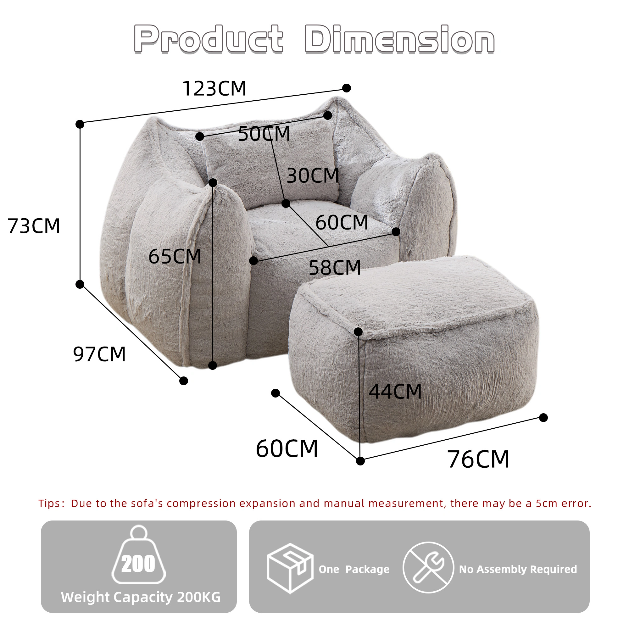 Giant Bean Bag Chair for Adults &Kids Faux Fur Bean Bag Sofa Chairs with Pillow &Ottoman, Comfy Reading & Gaming Beanbag Couch for Bedroom Living Room, Grey view 3