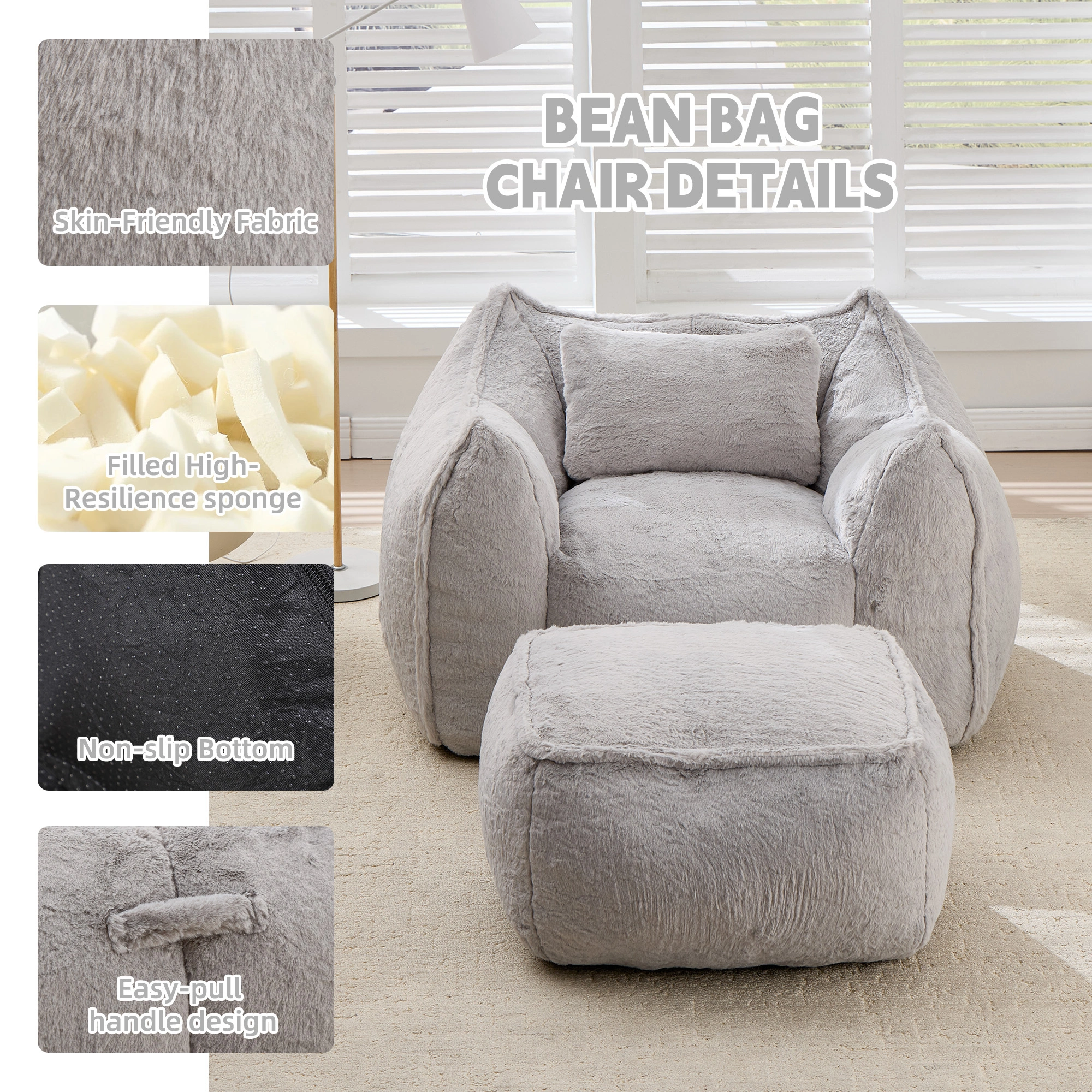Giant Bean Bag Chair for Adults &Kids Faux Fur Bean Bag Sofa Chairs with Pillow &Ottoman, Comfy Reading & Gaming Beanbag Couch for Bedroom Living Room, Grey view 4