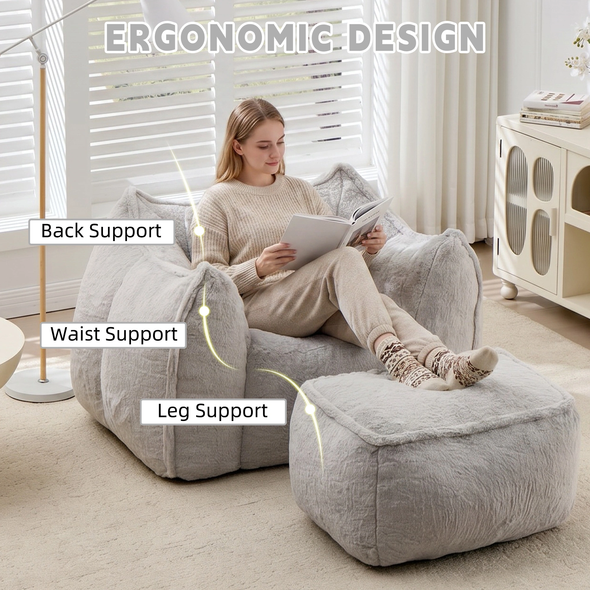 Giant Bean Bag Chair for Adults &Kids Faux Fur Bean Bag Sofa Chairs with Pillow &Ottoman, Comfy Reading & Gaming Beanbag Couch for Bedroom Living Room, Grey view 5