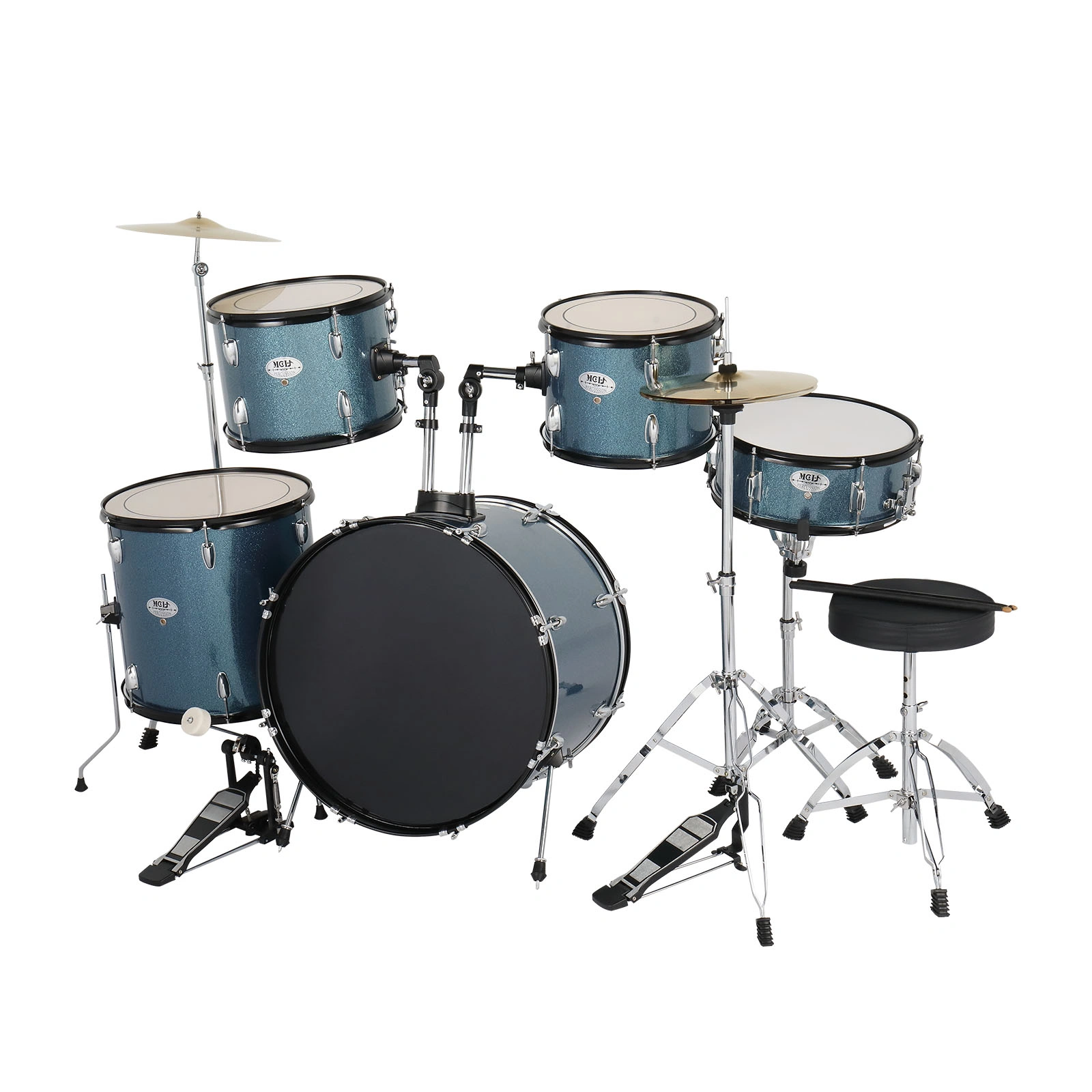 Full Size Adult Drum Set 5-Piece Black with Bass Drum, two Tom Drum, Snare Drum, Floor Tom, 16" Ride Cymbal, 14" Hi-hat Cymbals, Stool, Drum Pedal, Sticks