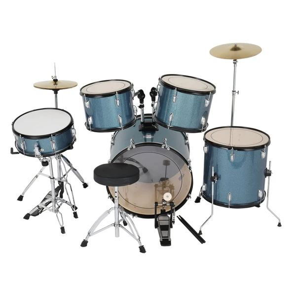 Full Size Adult Drum Set 5-Piece Black with Bass Drum, two Tom Drum, Snare Drum, Floor Tom, 16" Ride Cymbal, 14" Hi-hat Cymbals, Stool, Drum Pedal, Sticks view 2