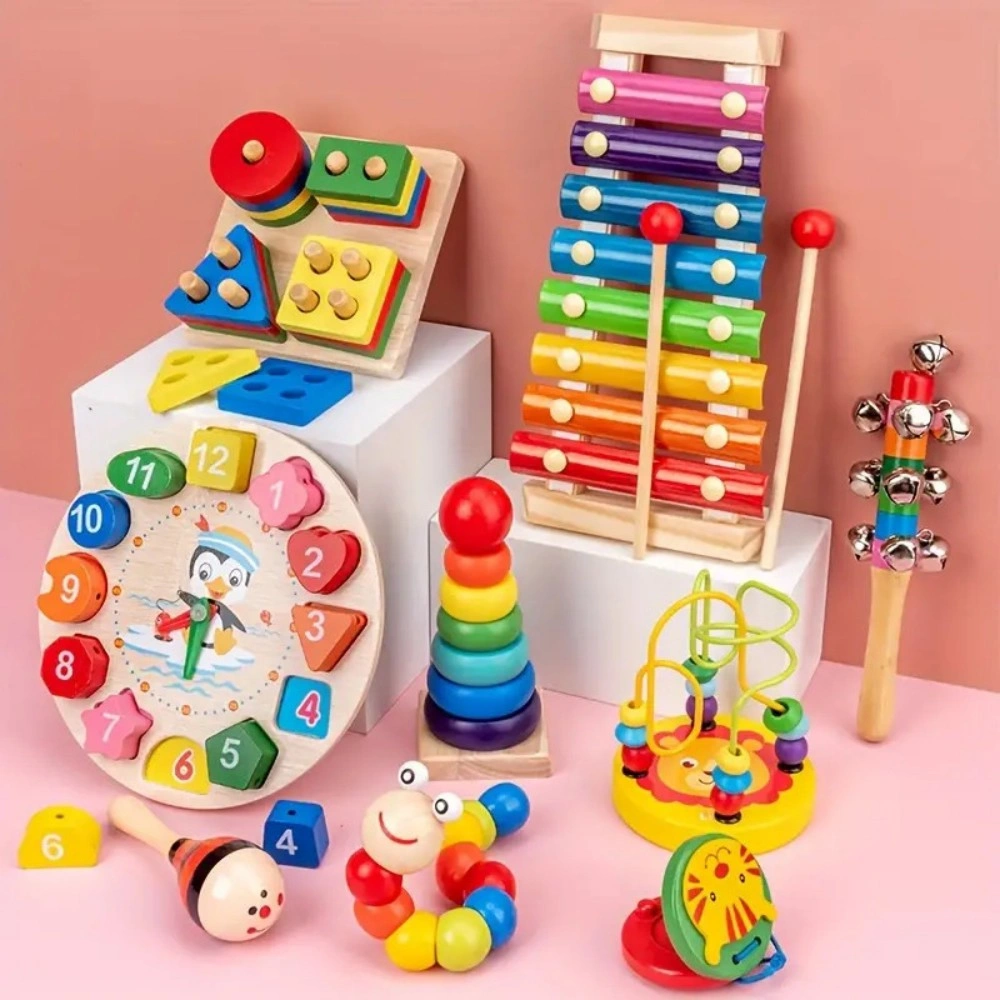 9 in 1 Wooden Musical Instruments Rattle Bell Drum Set Sensory Baby Toddler Toy view 2