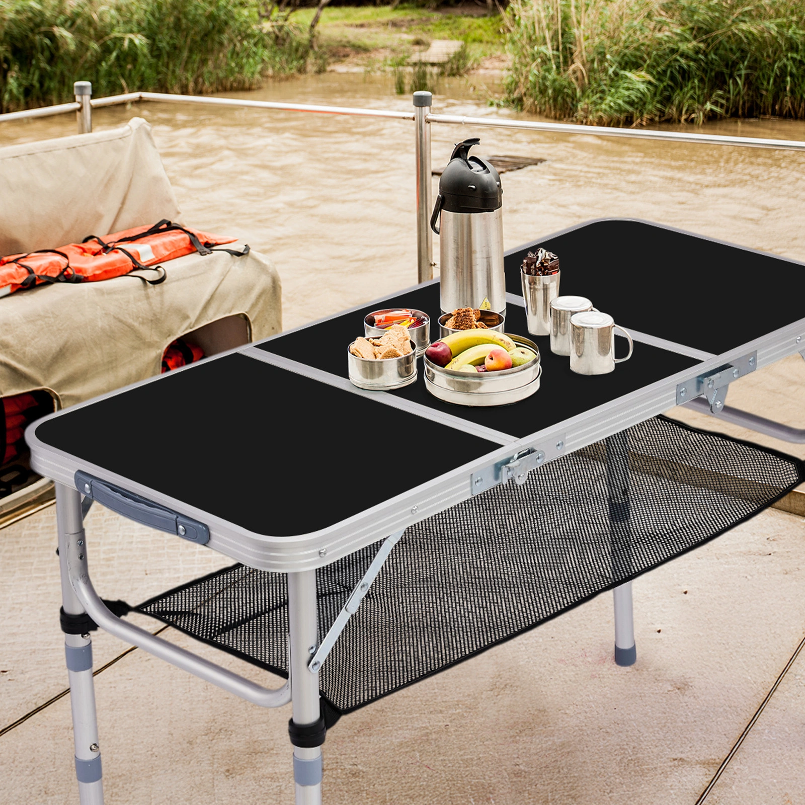 Outdoor Folding Camping Table, 3ft Portable Pinic Table with 3 Adjustable Height, Small Aluminum Foldable Lightweight Patio Side Table with Carry Handle for Outdoor Indoor Hiking Camp BBQ Beach, Black view 4