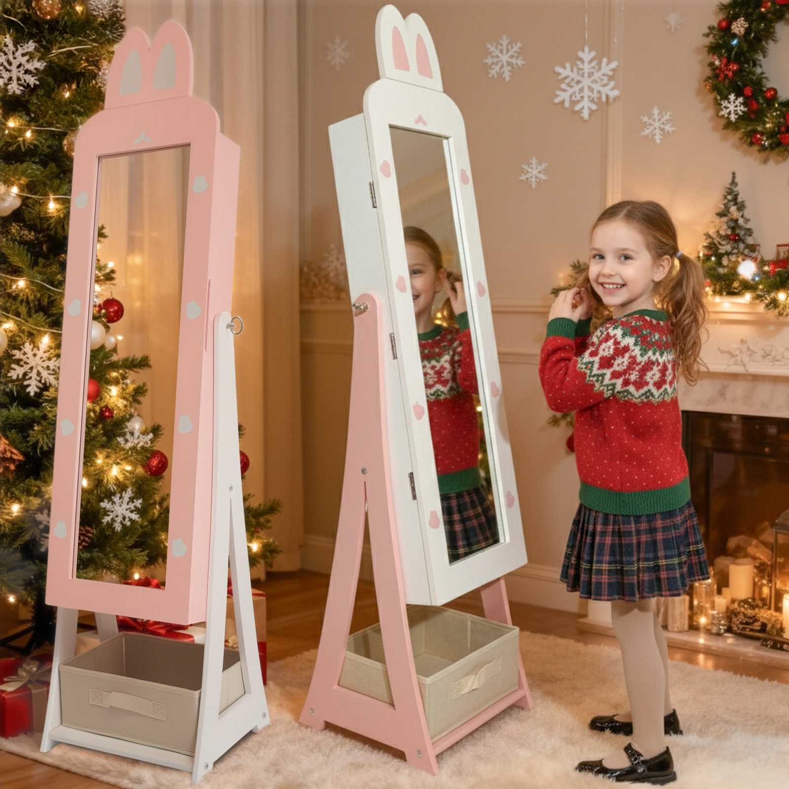Kids Cabinet Pink Rabbit MDF 1 Door 1 Drawer Spray Paint Finish Children Jewelry Storage Mirror