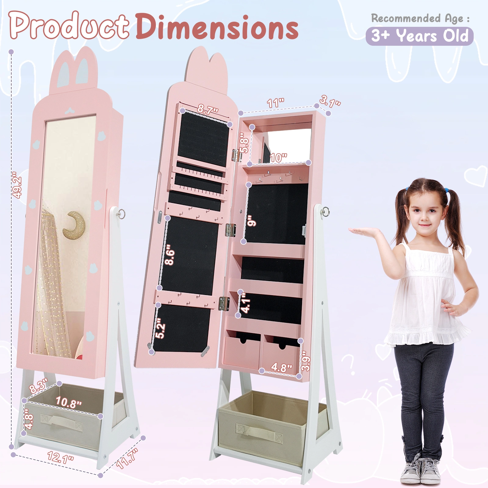 Kids Cabinet Pink Rabbit MDF 1 Door 1 Drawer Spray Paint Finish Children Jewelry Storage Mirror view 3