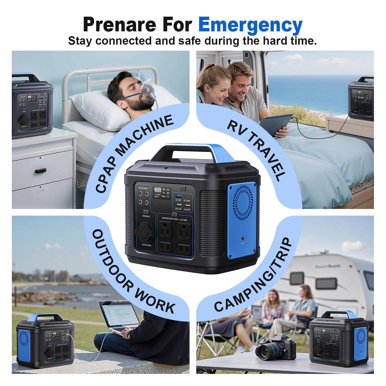 300W Portable Power Station 296Wh 80000mAh Lithium Battery, Solar Generator for Camping RV Home view 8
