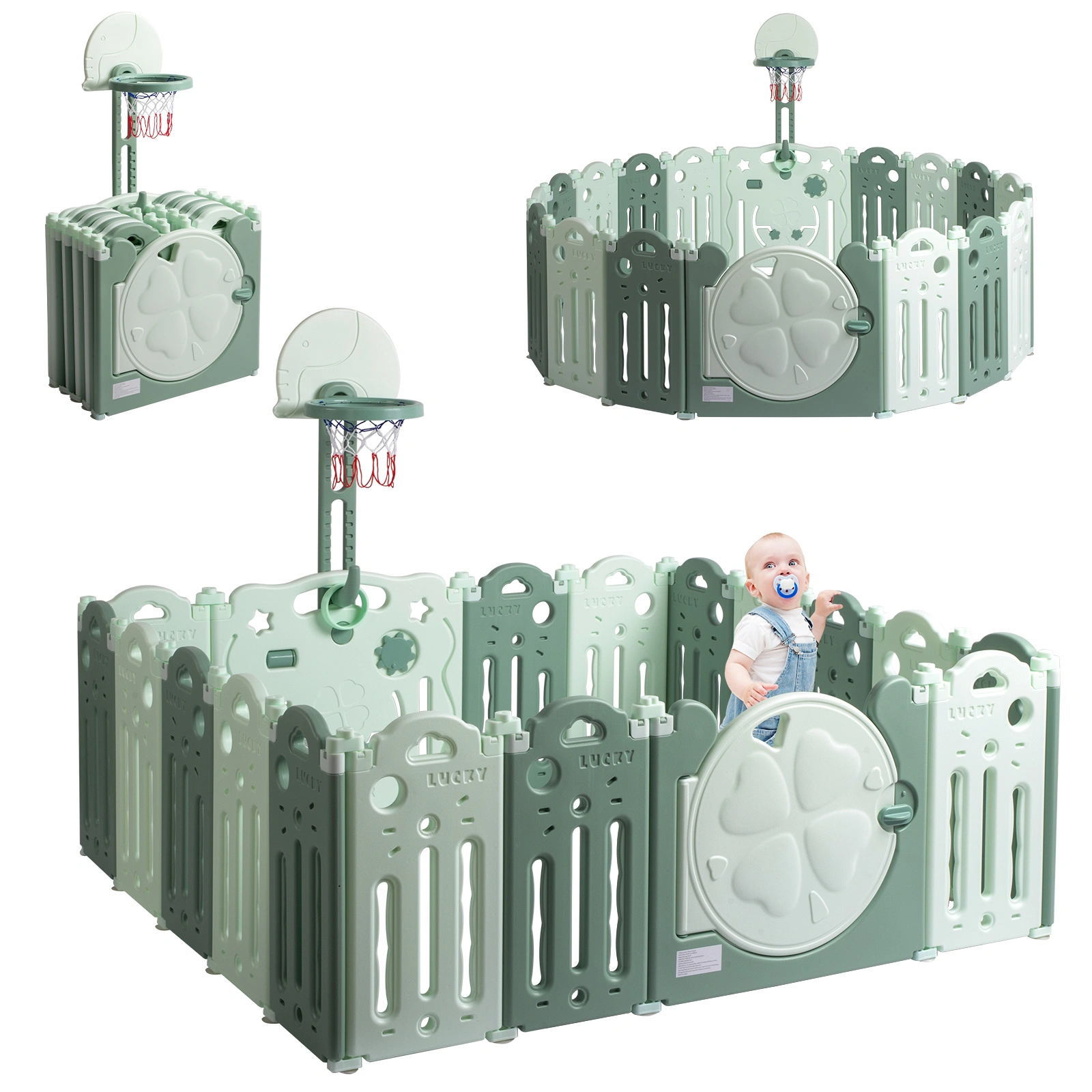 16 Panel HDPE Foldable Baby Playpen with Basketball Hoop - Green Activity Pen for Indoor Outdoor