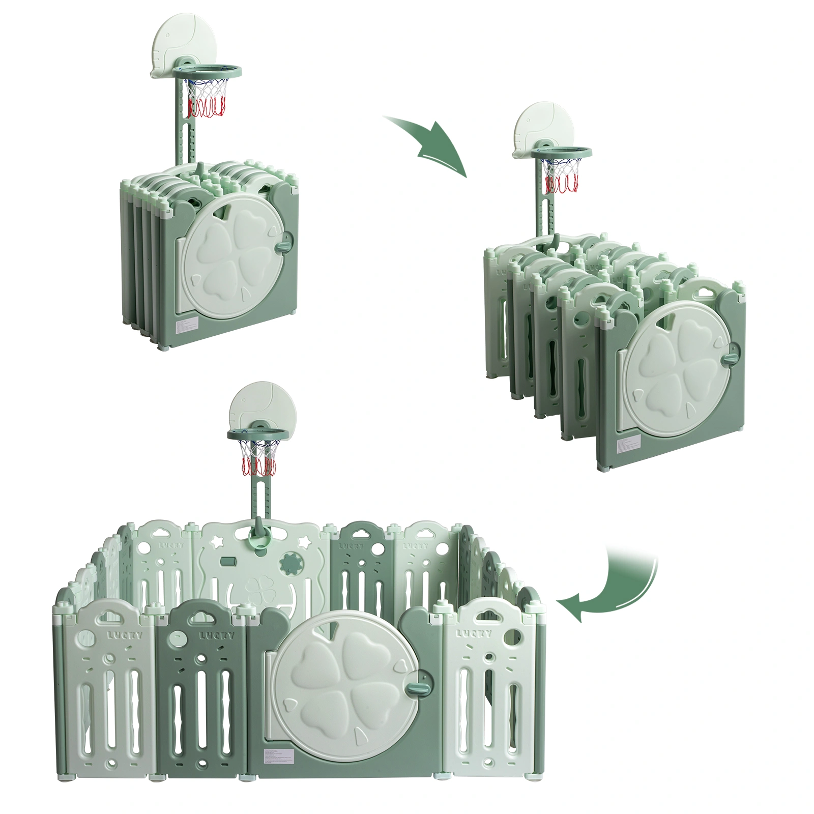 16 Panel HDPE Foldable Baby Playpen with Basketball Hoop - Green Activity Pen for Indoor Outdoor view 3