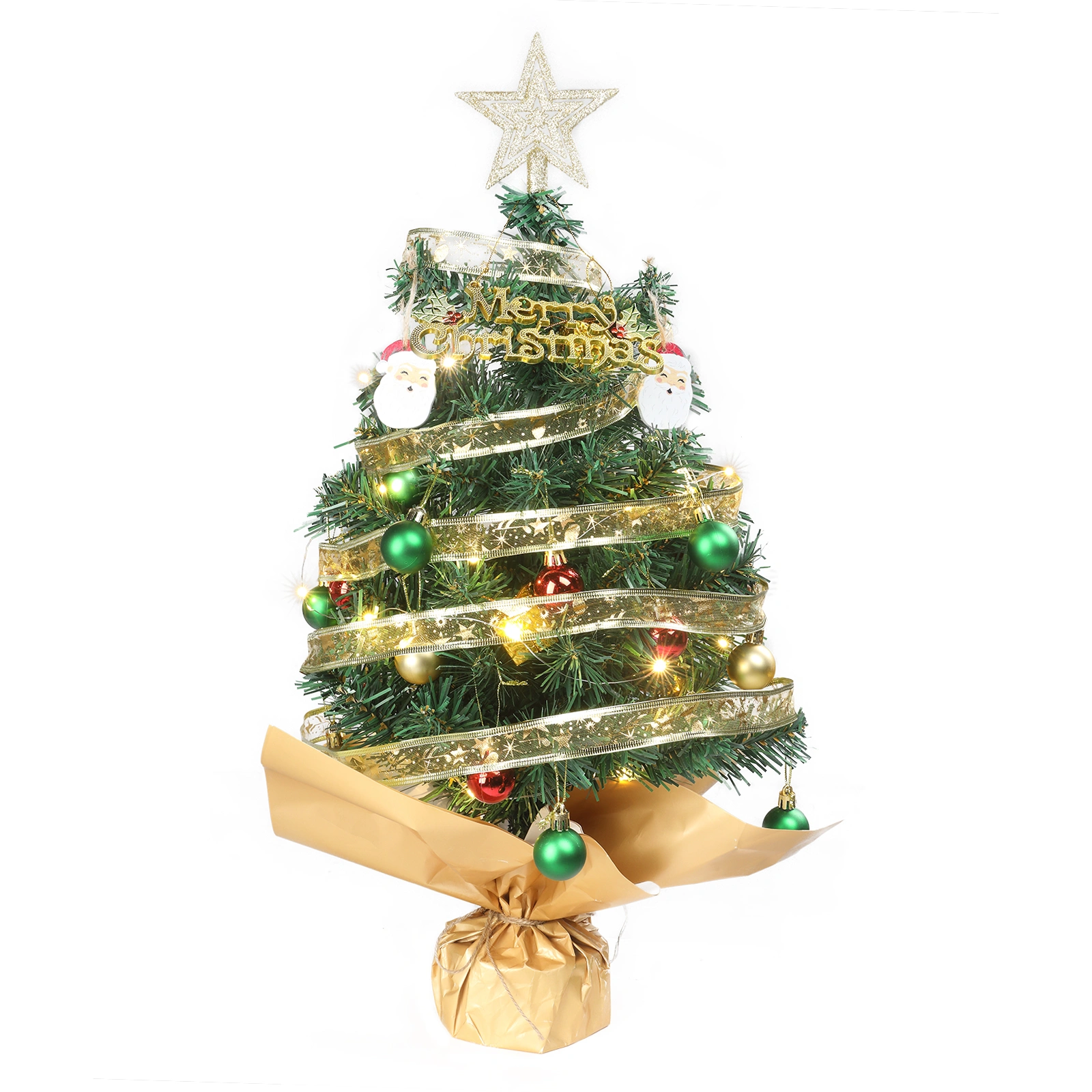 24" Pre-Lit Artificial Mini Christmas Tree, 30 Warm White LED Lights, Battery Operated with Ornaments, Green Tabletop Xmas Tree for Home Office Holiday Decor, Paper Wrapped Base