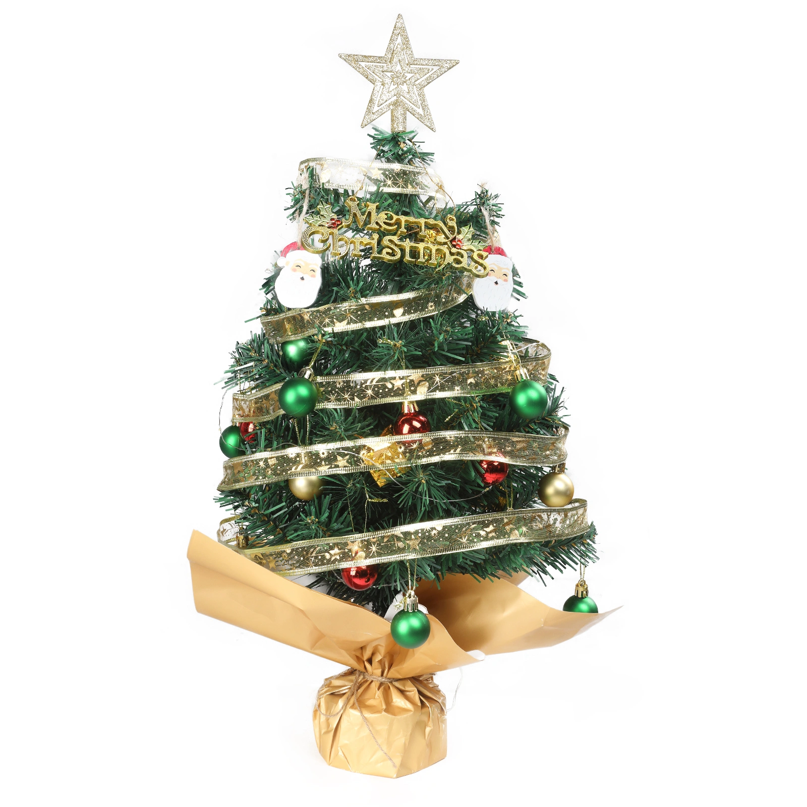 24" Pre-Lit Artificial Mini Christmas Tree, 30 Warm White LED Lights, Battery Operated with Ornaments, Green Tabletop Xmas Tree for Home Office Holiday Decor, Paper Wrapped Base view 2