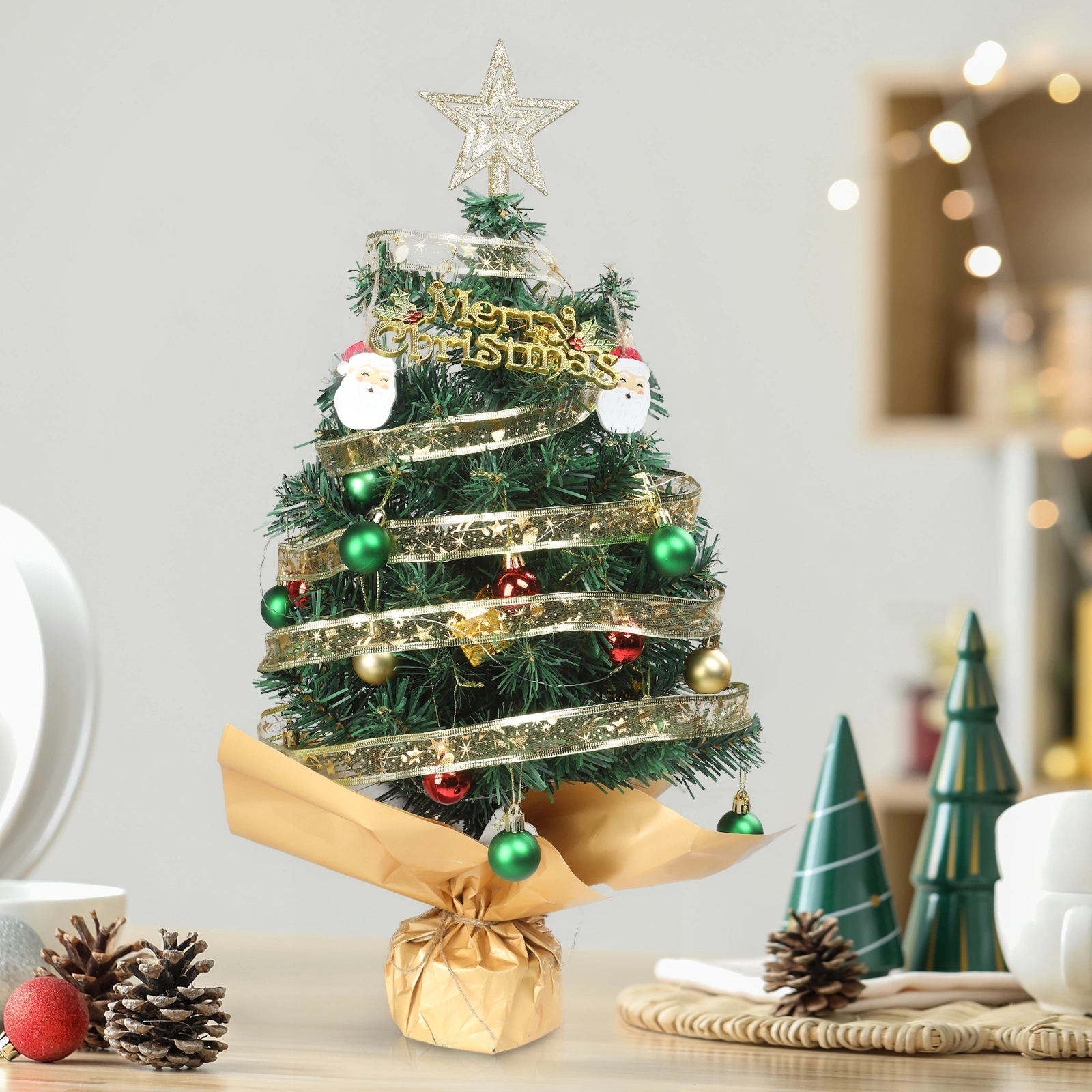 24" Pre-Lit Artificial Mini Christmas Tree, 30 Warm White LED Lights, Battery Operated with Ornaments, Green Tabletop Xmas Tree for Home Office Holiday Decor, Paper Wrapped Base view 3