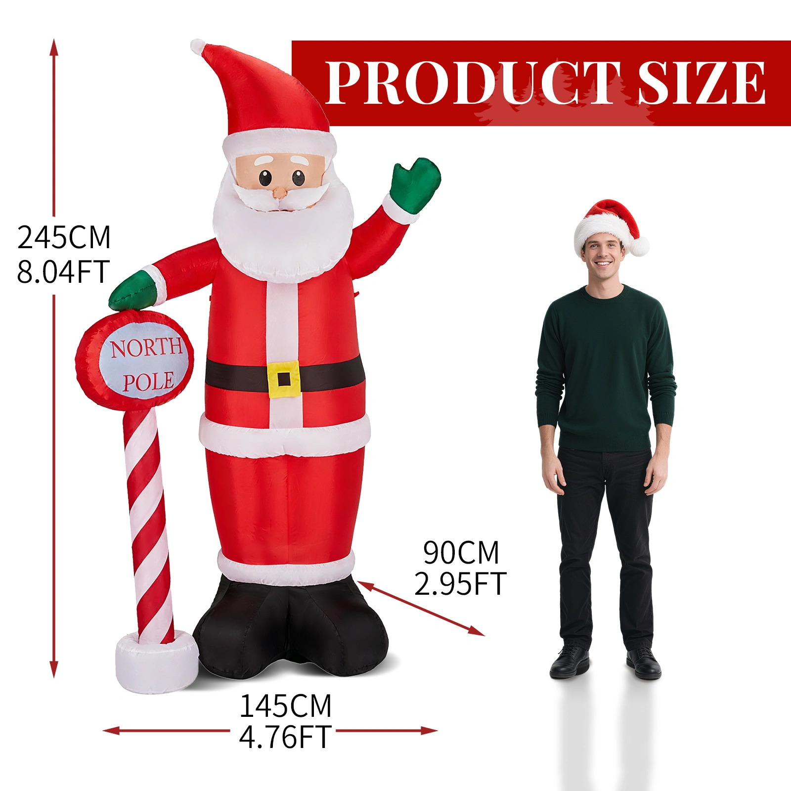 45M Lighted Christmas Inflatable Santa with North Pole Road Sign, Built-in LED Blow Up Yard Lawn Garden Decoration for Holiday view 3