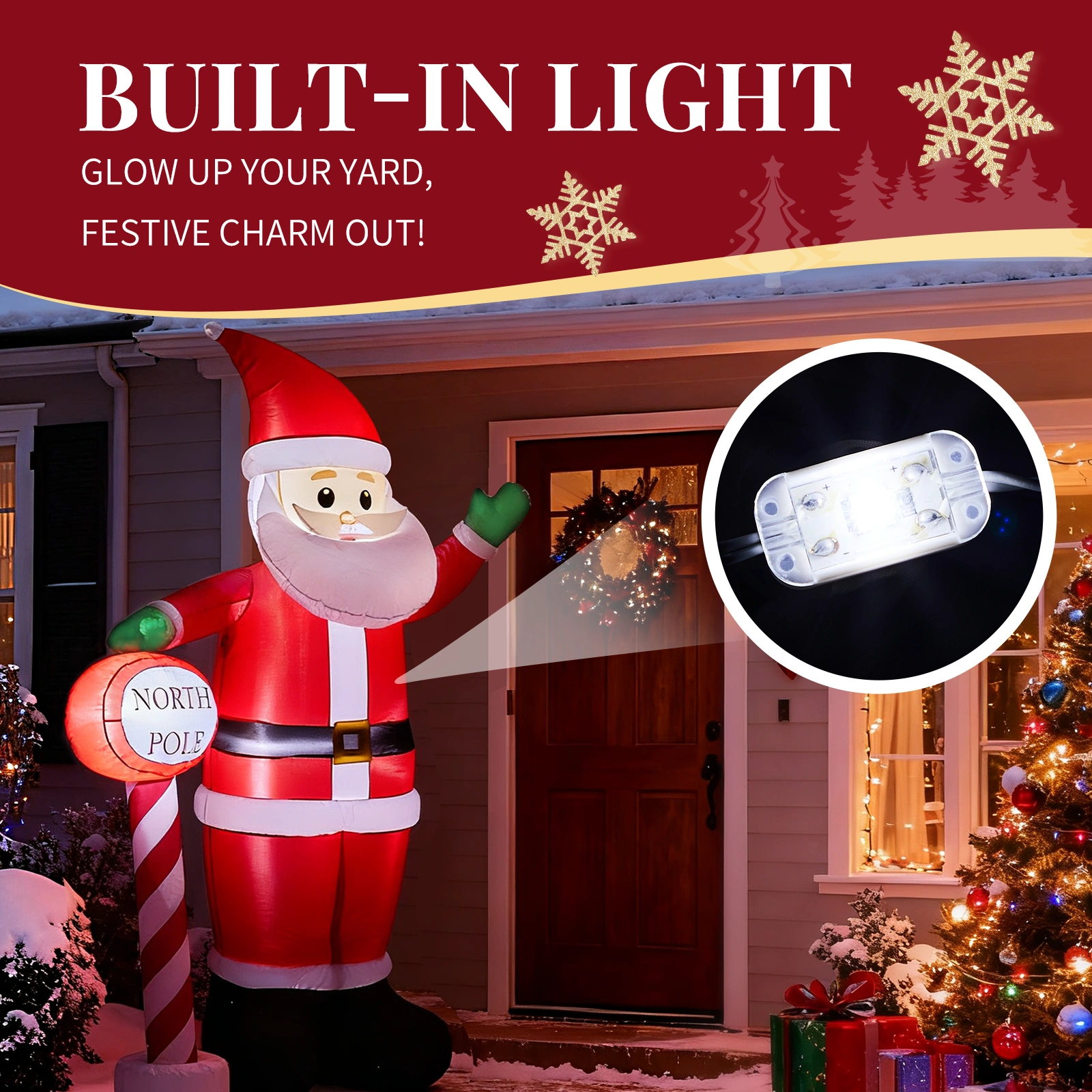 45M Lighted Christmas Inflatable Santa with North Pole Road Sign, Built-in LED Blow Up Yard Lawn Garden Decoration for Holiday view 5