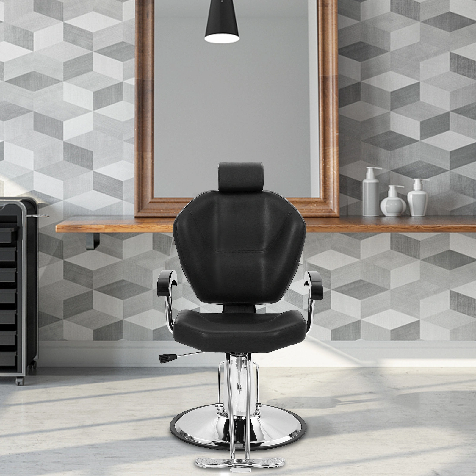 Reclining Barber Chair Black 150kg Capacity PVC Leather Headrest Iron Plated Pedal ABS Armrest 680 Plated Iron Plate Salon view 14