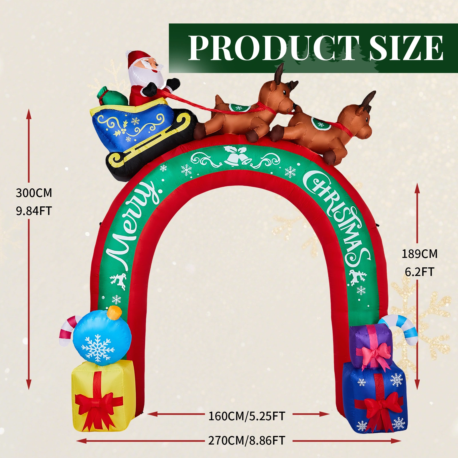 10FT Lighted Christmas Inflatable Archway with Reindeer & Santa Sleigh, Outdoor Yard Decor with Built-in LED Lights for Lawn Garden Holiday Party view 3