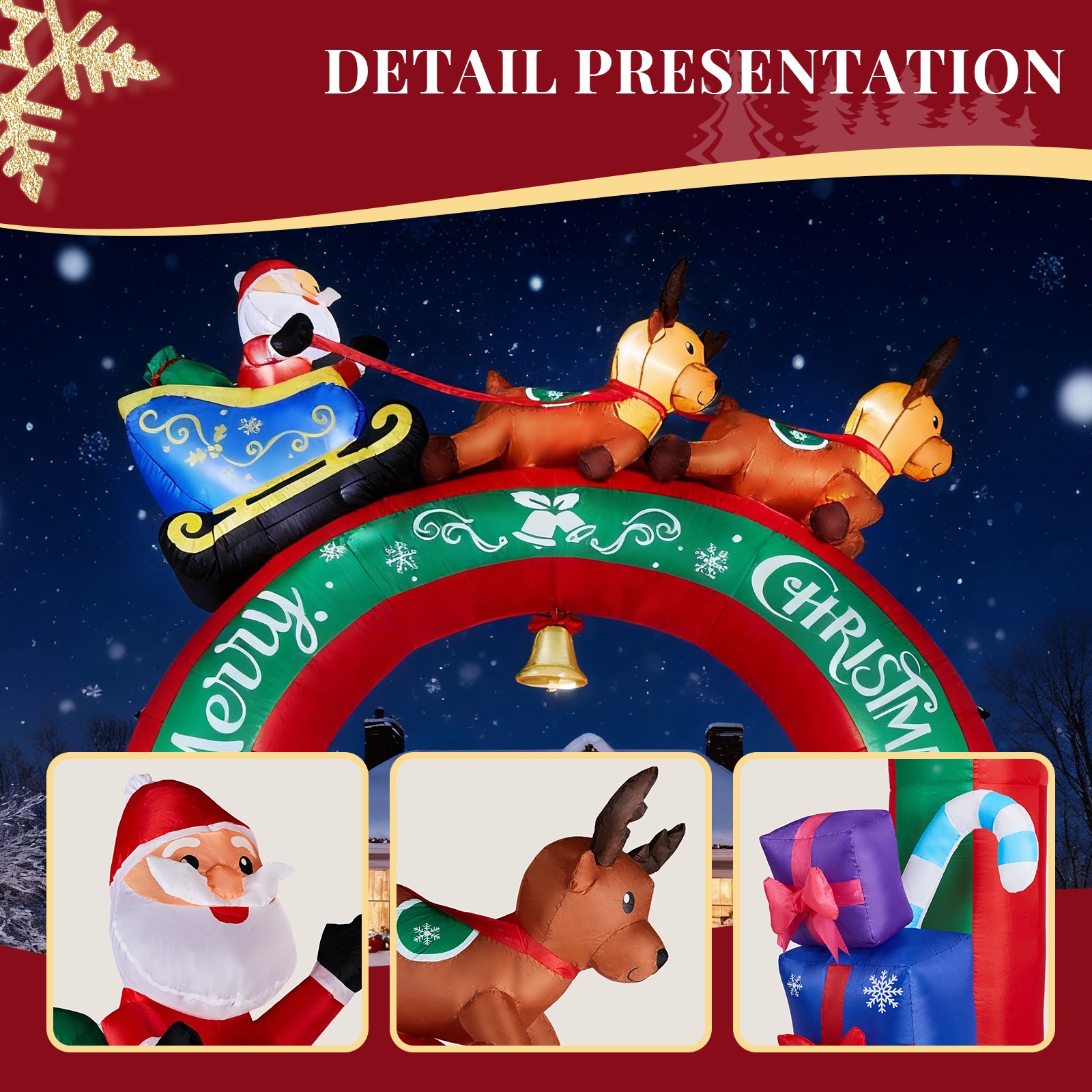 10FT Lighted Christmas Inflatable Archway with Reindeer & Santa Sleigh, Outdoor Yard Decor with Built-in LED Lights for Lawn Garden Holiday Party view 4