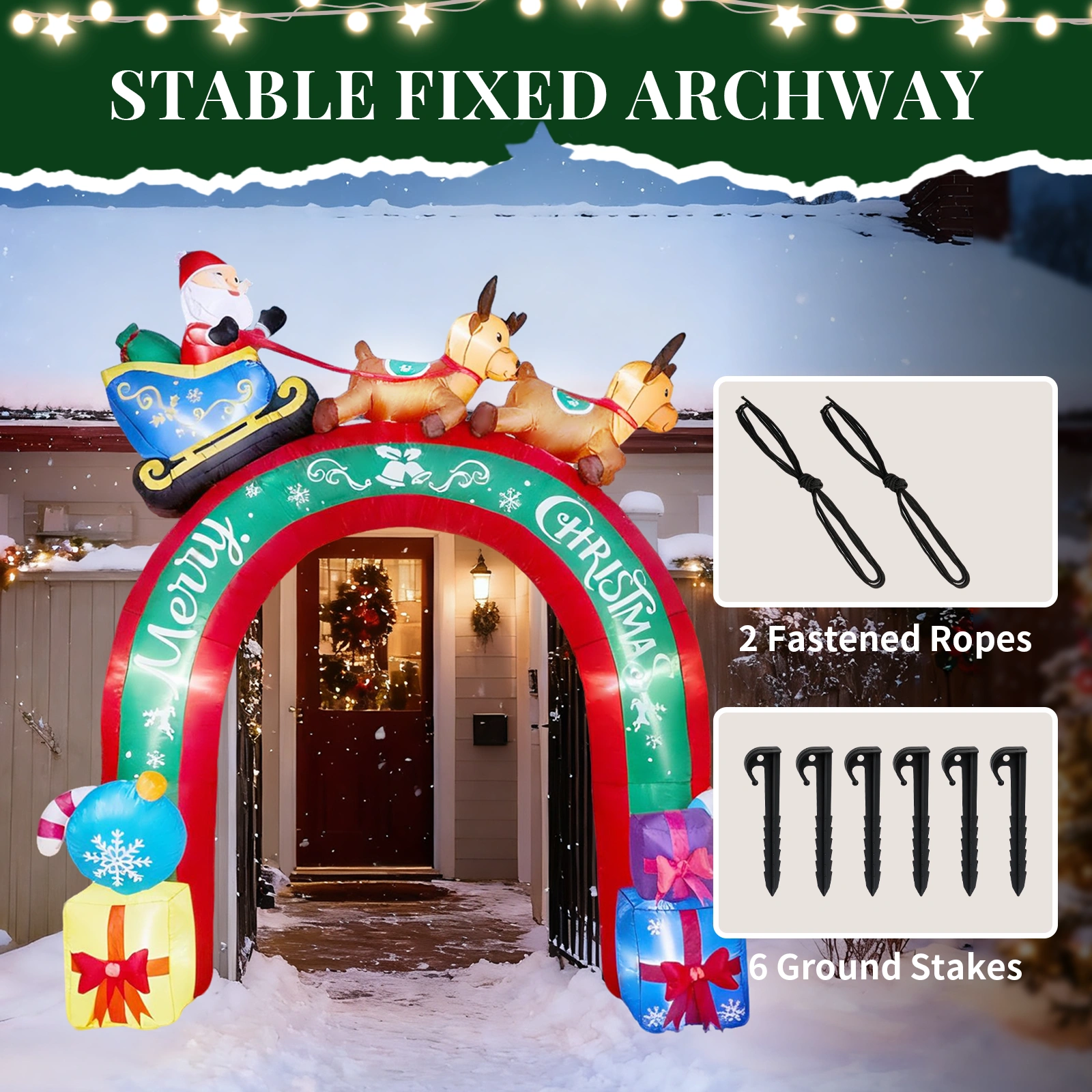 10FT Lighted Christmas Inflatable Archway with Reindeer & Santa Sleigh, Outdoor Yard Decor with Built-in LED Lights for Lawn Garden Holiday Party view 5