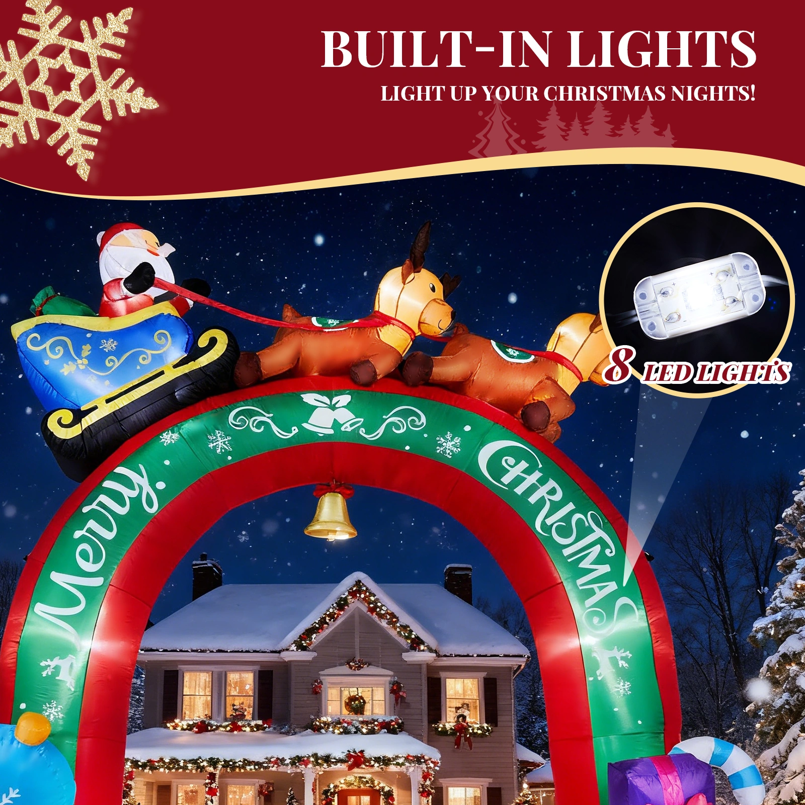 10FT Lighted Christmas Inflatable Archway with Reindeer & Santa Sleigh, Outdoor Yard Decor with Built-in LED Lights for Lawn Garden Holiday Party view 6