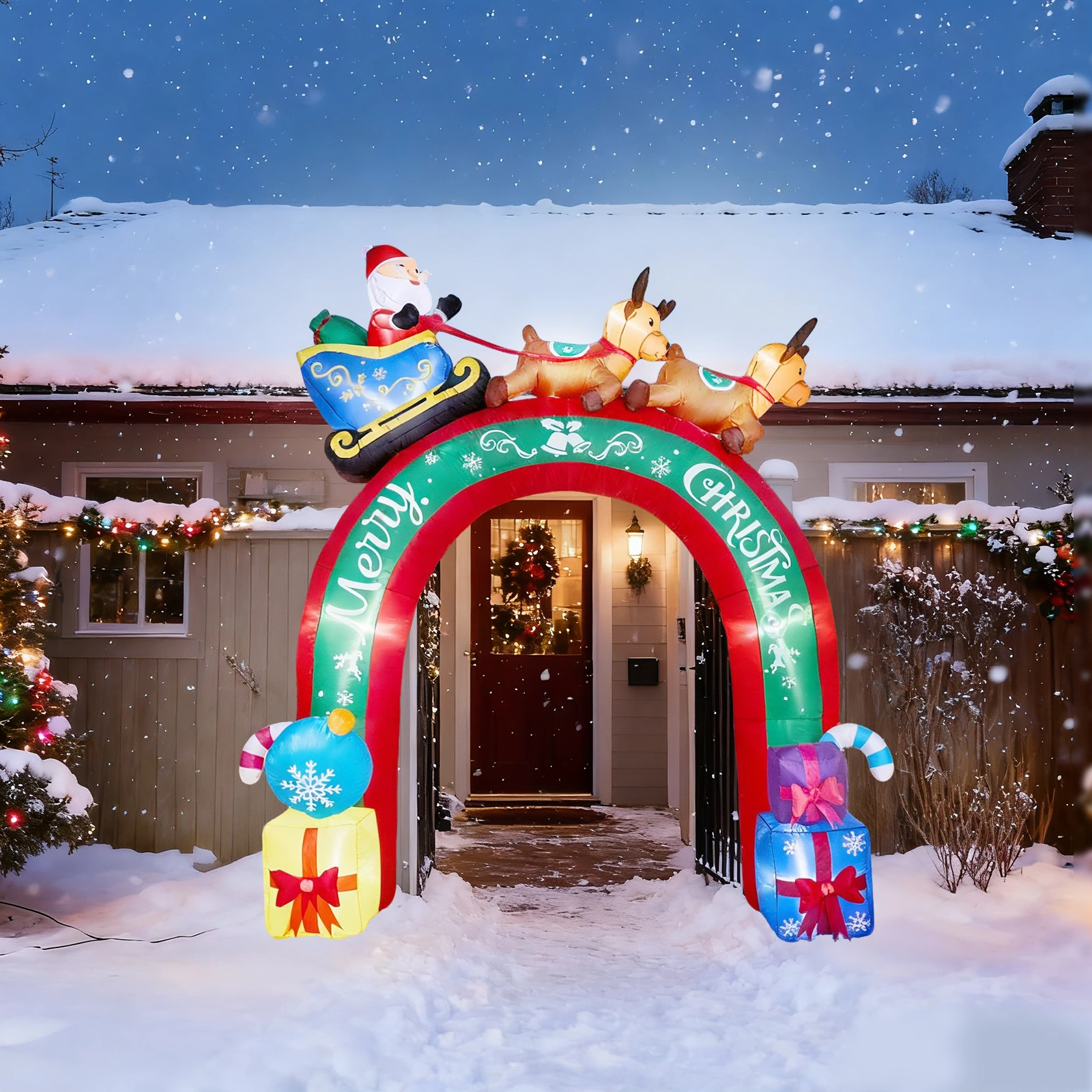 10FT Lighted Christmas Inflatable Archway with Reindeer & Santa Sleigh, Outdoor Yard Decor with Built-in LED Lights for Lawn Garden Holiday Party view 7