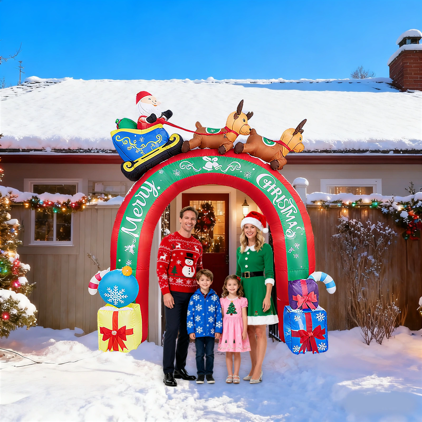 10FT Lighted Christmas Inflatable Archway with Reindeer & Santa Sleigh, Outdoor Yard Decor with Built-in LED Lights for Lawn Garden Holiday Party view 8