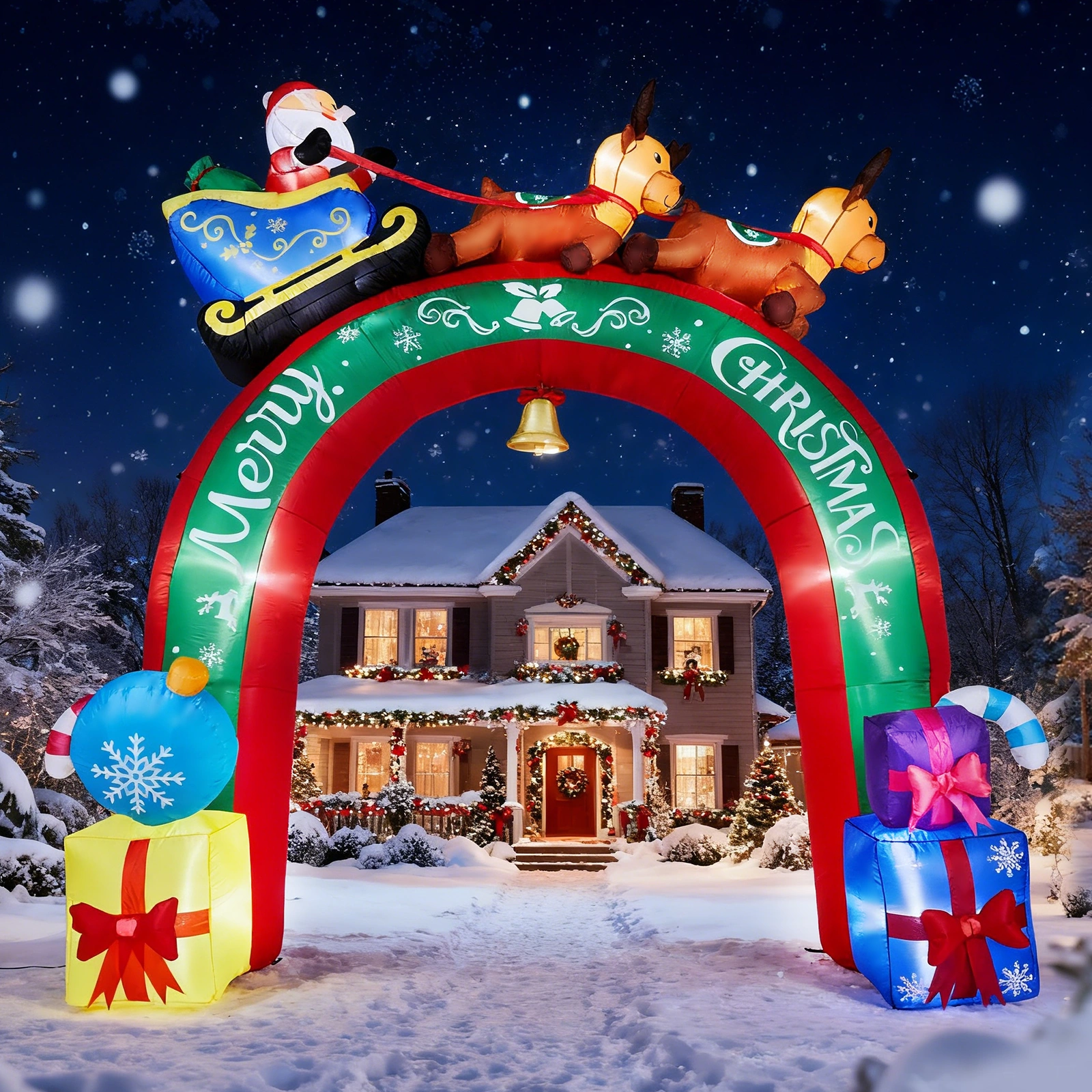 10FT Lighted Christmas Inflatable Archway with Reindeer & Santa Sleigh, Outdoor Yard Decor with Built-in LED Lights for Lawn Garden Holiday Party view 9
