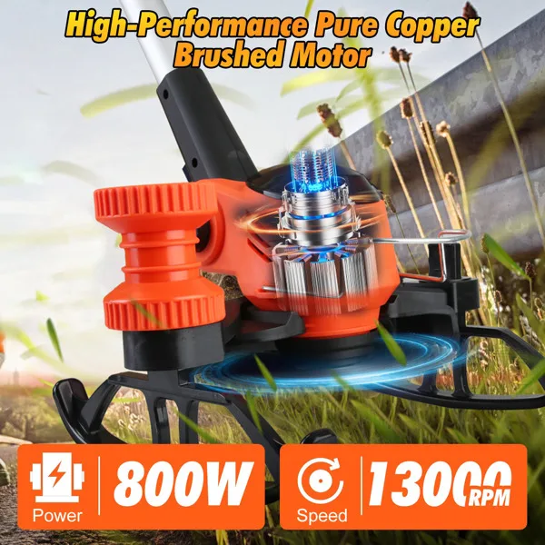 Cordless Wheeled Grass Trimmer - 800W Pure Copper Motor (15000RPM), 2x21V 3000mAh Batteries, 3 Blades (Plastic/Saw/Stainless Steel) & Height-Adjustable Wheels view 2