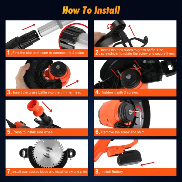 Cordless Wheeled Grass Trimmer - 800W Pure Copper Motor (15000RPM), 2x21V 3000mAh Batteries, 3 Blades (Plastic/Saw/Stainless Steel) & Height-Adjustable Wheels view 6