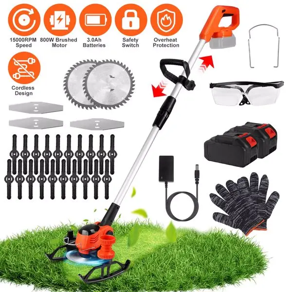 Cordless Wheeled Grass Trimmer - 800W Pure Copper Motor (15000RPM), 2x21V 3000mAh Batteries, 3 Blades (Plastic/Saw/Stainless Steel) & Height-Adjustable Wheels