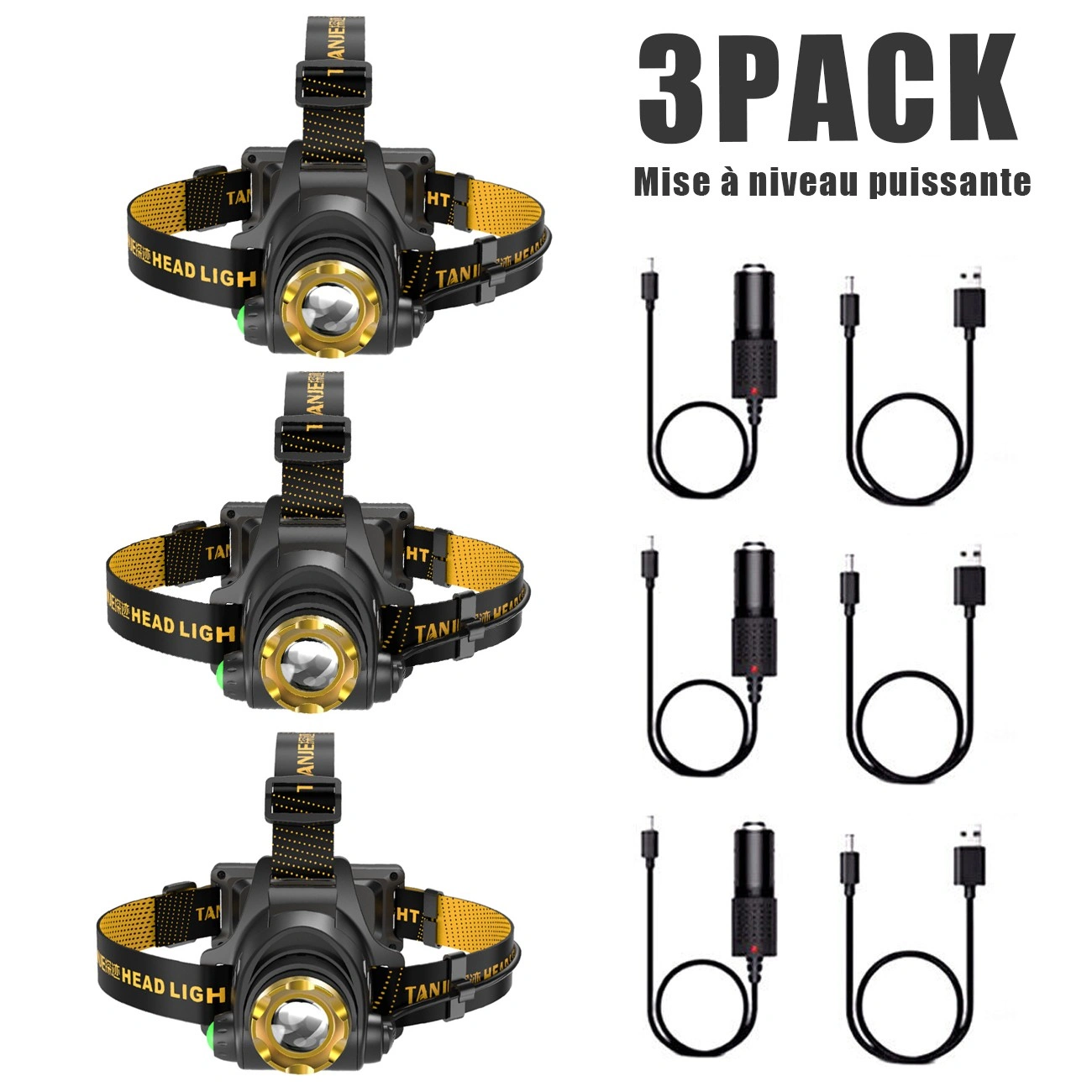 3 Pack LED Headlamp USB Rechargeable 3-Mode Adjustable Camping Hiking Headlight W/ Car Charger USB view 2