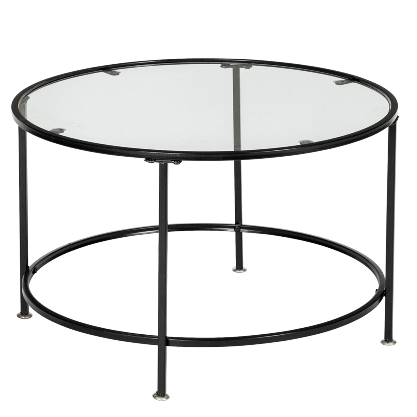 Round Coffee Table, 2 Layers 5mm Thick Tempered Glass Top & Wrought Iron Frame, Black End Table for Living Room