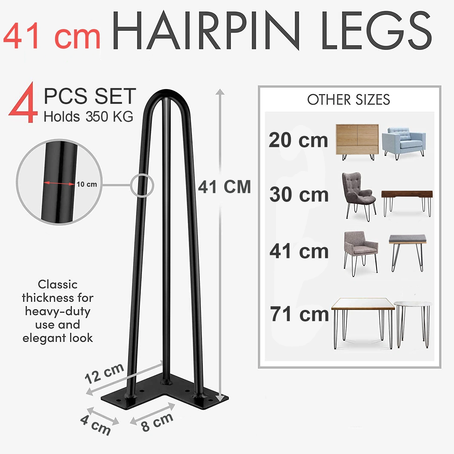 DIY Hairpin Table Legs with 2 Sizes Screws & 4pc Floor Protectors - Metal Furniture Legs view 2