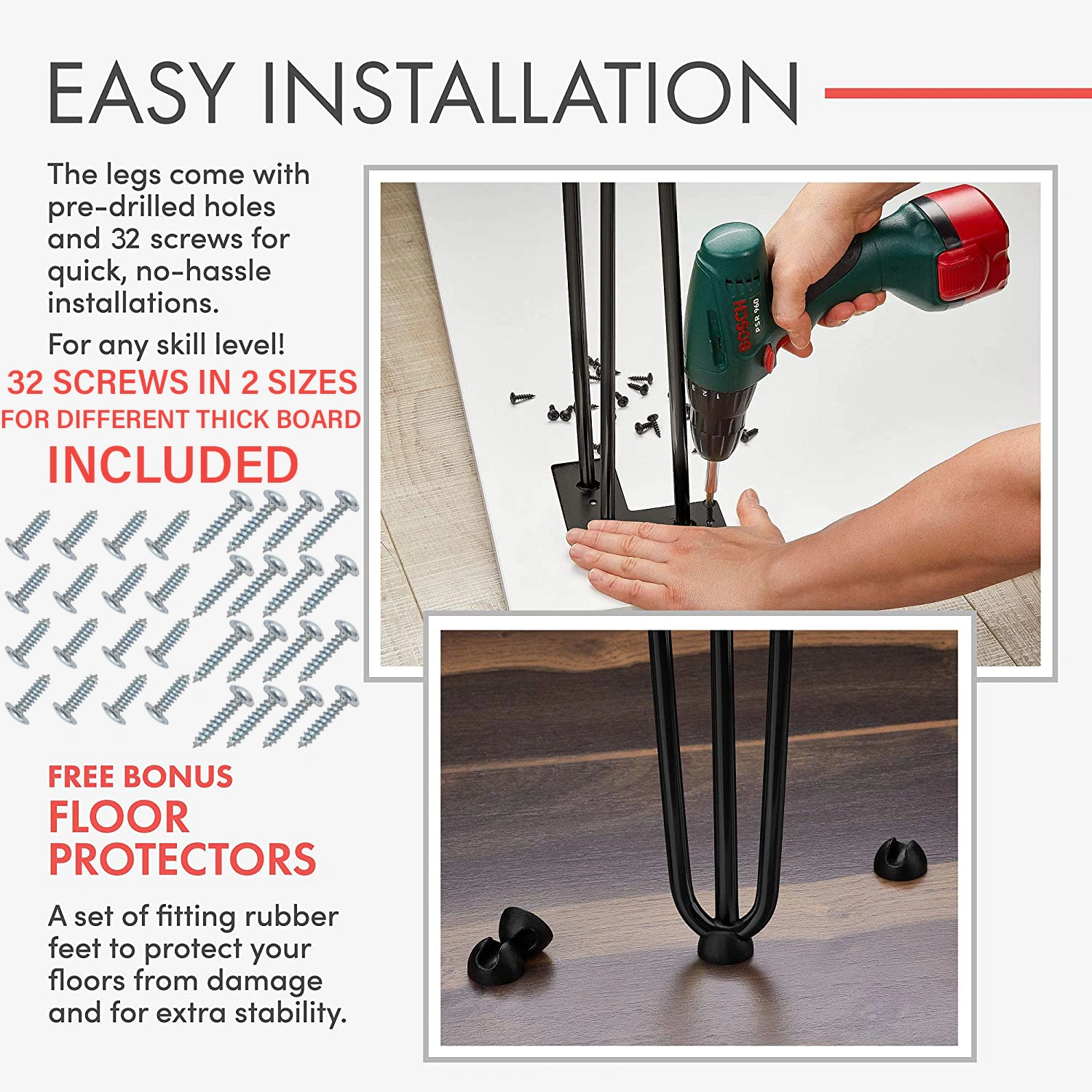 DIY Hairpin Table Legs with 2 Sizes Screws & 4pc Floor Protectors - Metal Furniture Legs view 3