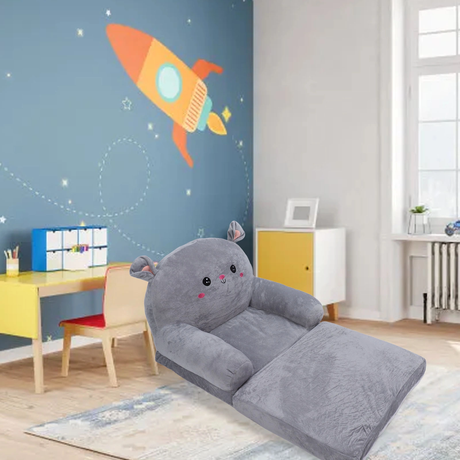2 in 1 Cartoon Children Folding Sofa, Cloth & Sponge Fill, Ventilated Flip Open Seat for Baby Kids, 2 Layers