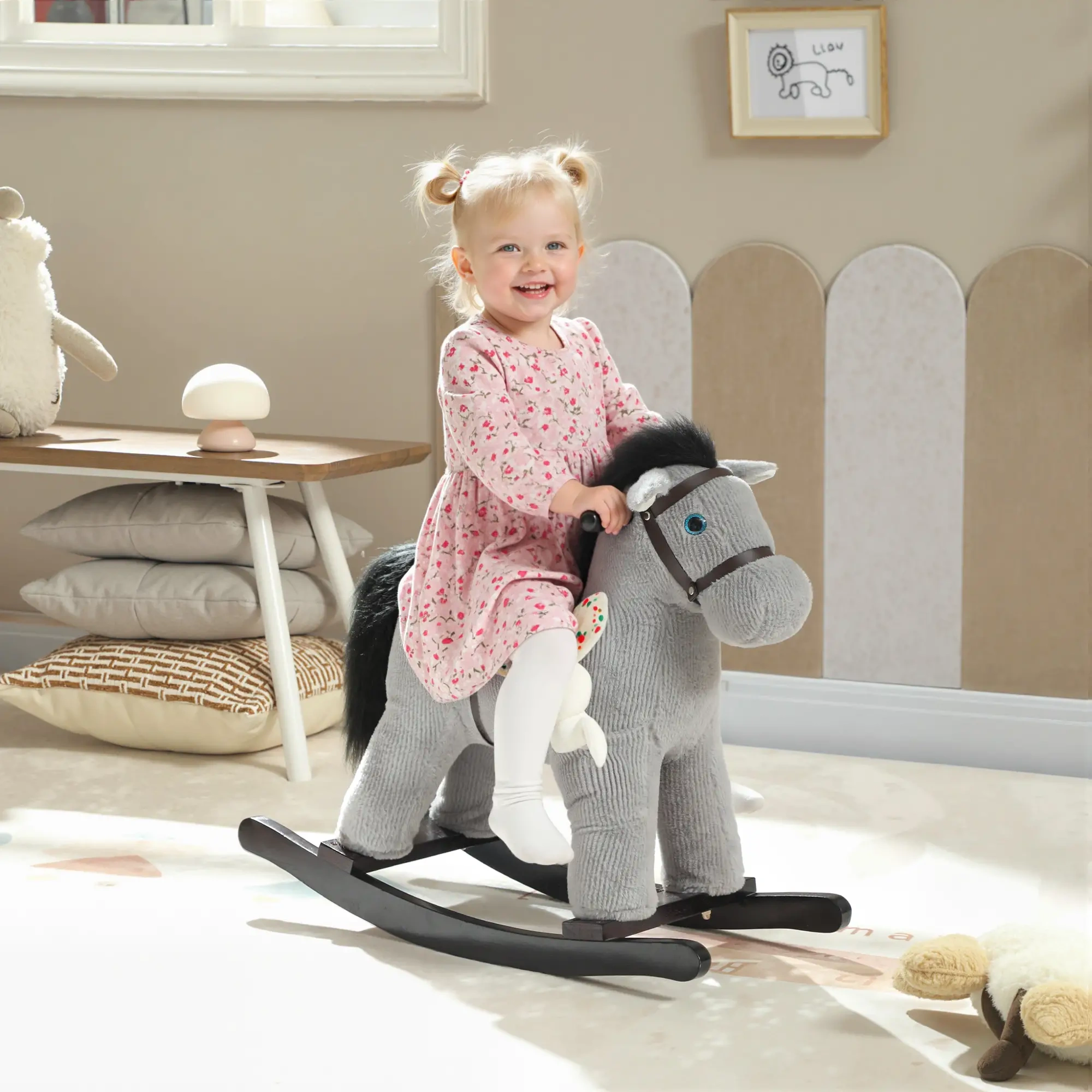 Wooden Rocking Horse for Kids with Soft Plush Seat, Indoor Outdoor Toy Gift