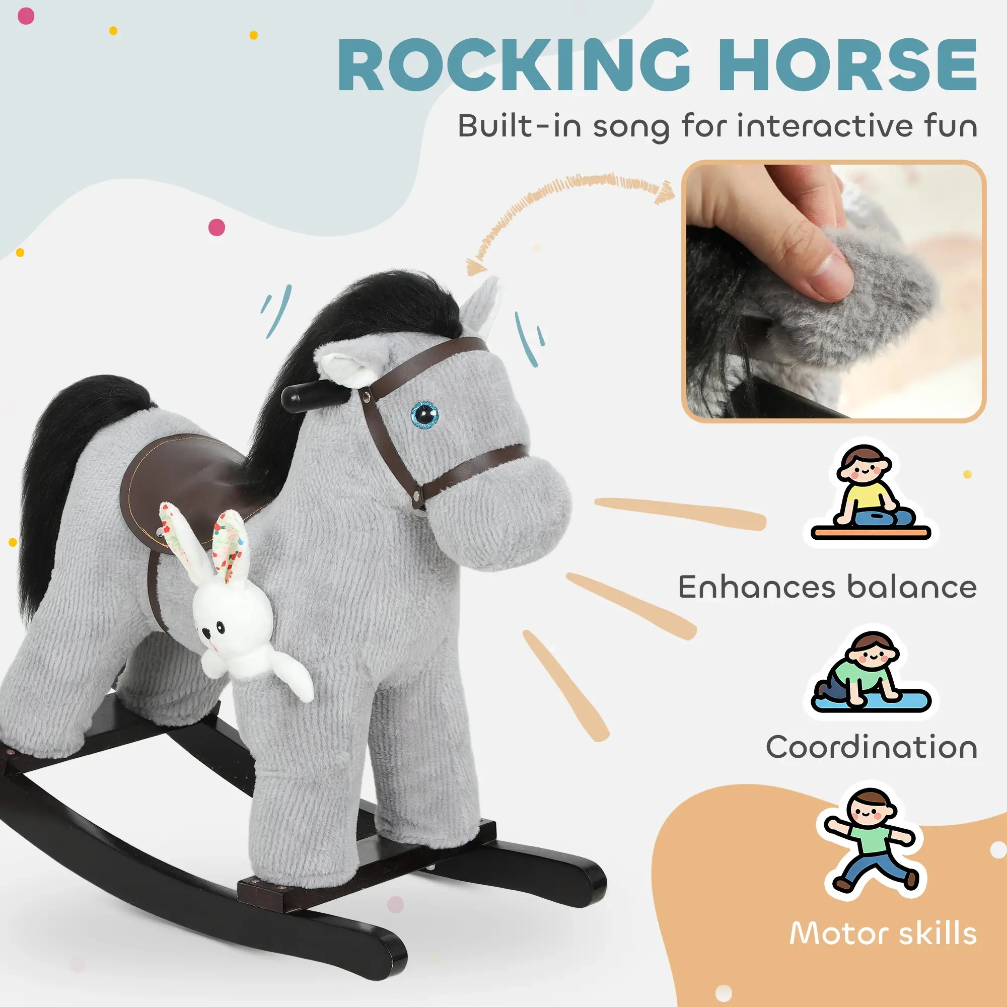 Wooden Rocking Horse for Kids with Soft Plush Seat, Indoor Outdoor Toy Gift view 3