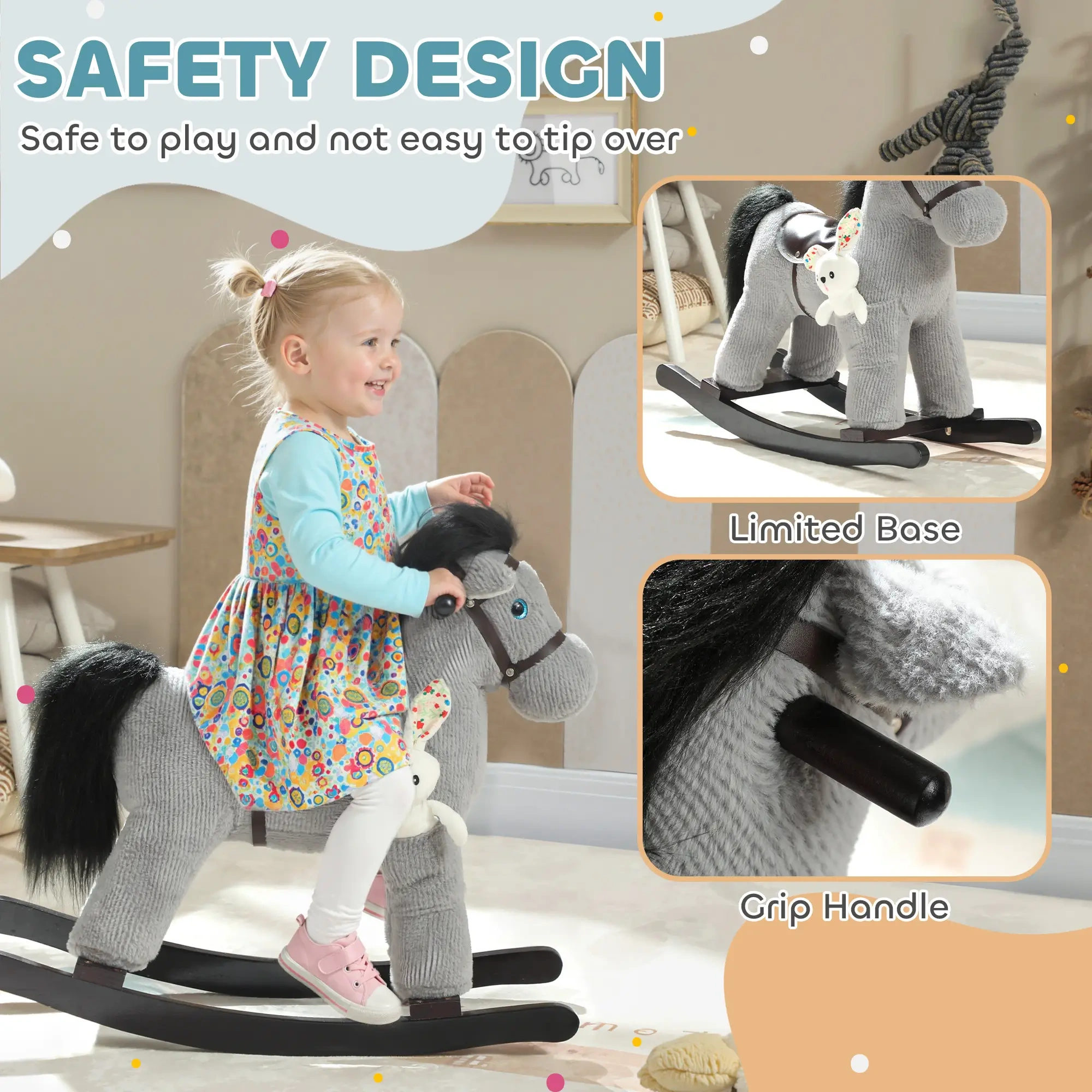Wooden Rocking Horse for Kids with Soft Plush Seat, Indoor Outdoor Toy Gift view 7