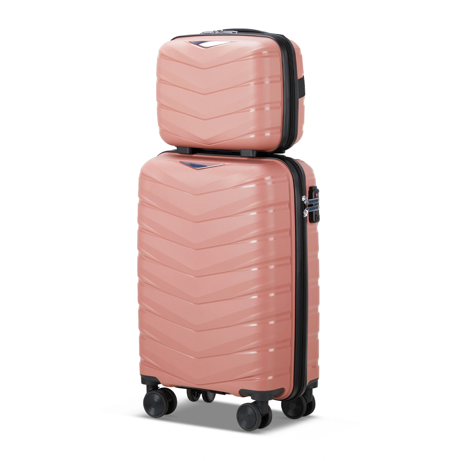 V-Shaped Stripe 2-Piece PP Trolley Suitcase Set with Handbag 14in 20in PP + Iron Frame Rose Gold Grained Pattern