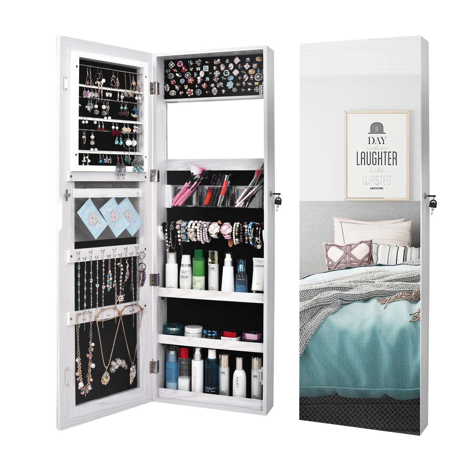 Retro Full-Length Standing Mirror with Storage Cabinet, Wood Grain PVC Finish, Jewelry Organizer Dressing Mirror, White