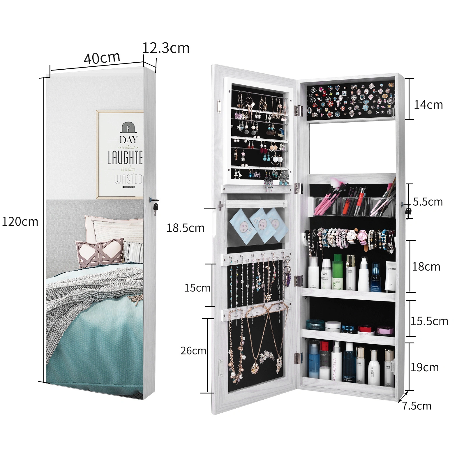 Retro Full-Length Standing Mirror with Storage Cabinet, Wood Grain PVC Finish, Jewelry Organizer Dressing Mirror, White view 2