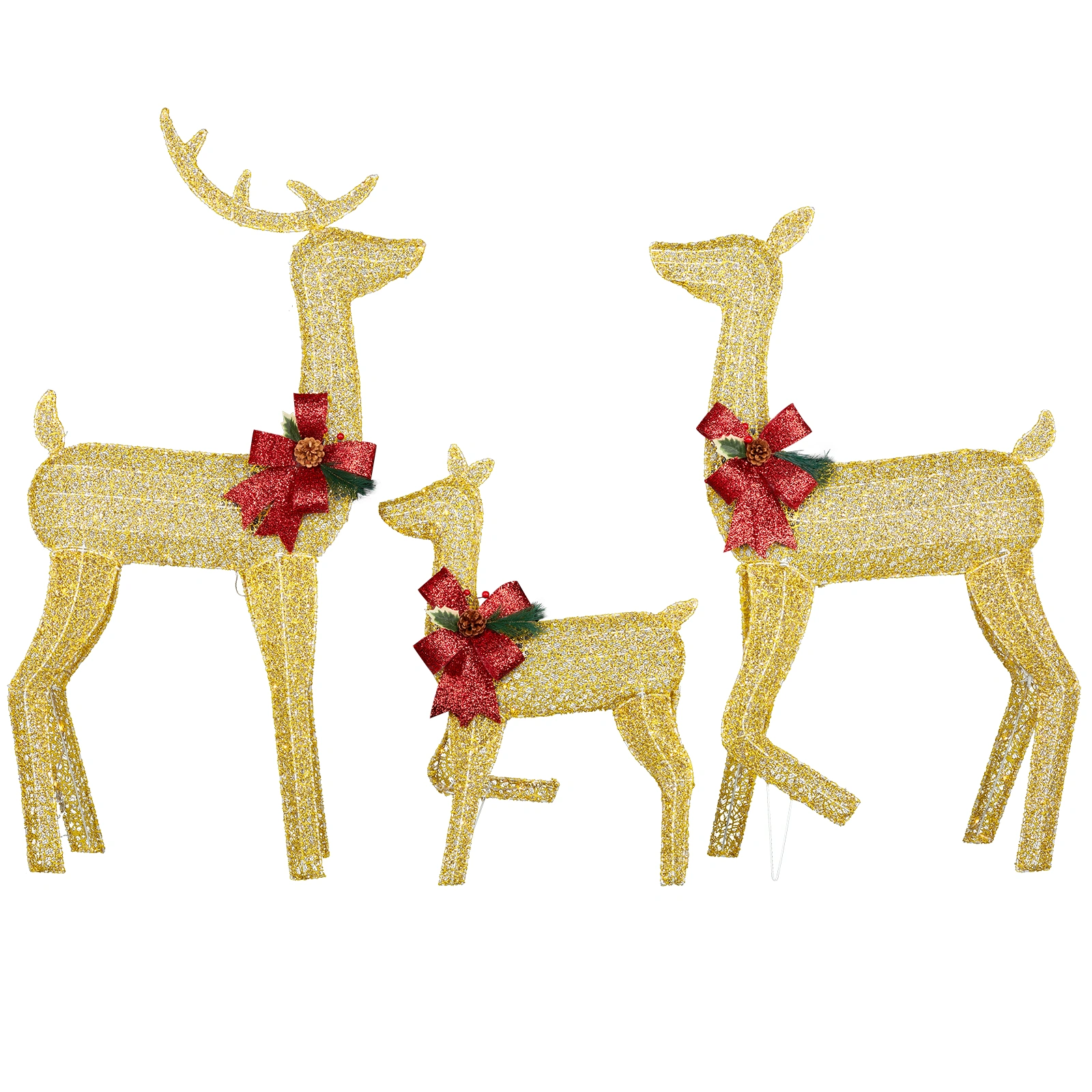 3-Piece Lighted Christmas Reindeer Family Set, 200 LED Warm White Outdoor Decor, Weatherproof 2D Deer Ornaments with Stakes, Golden